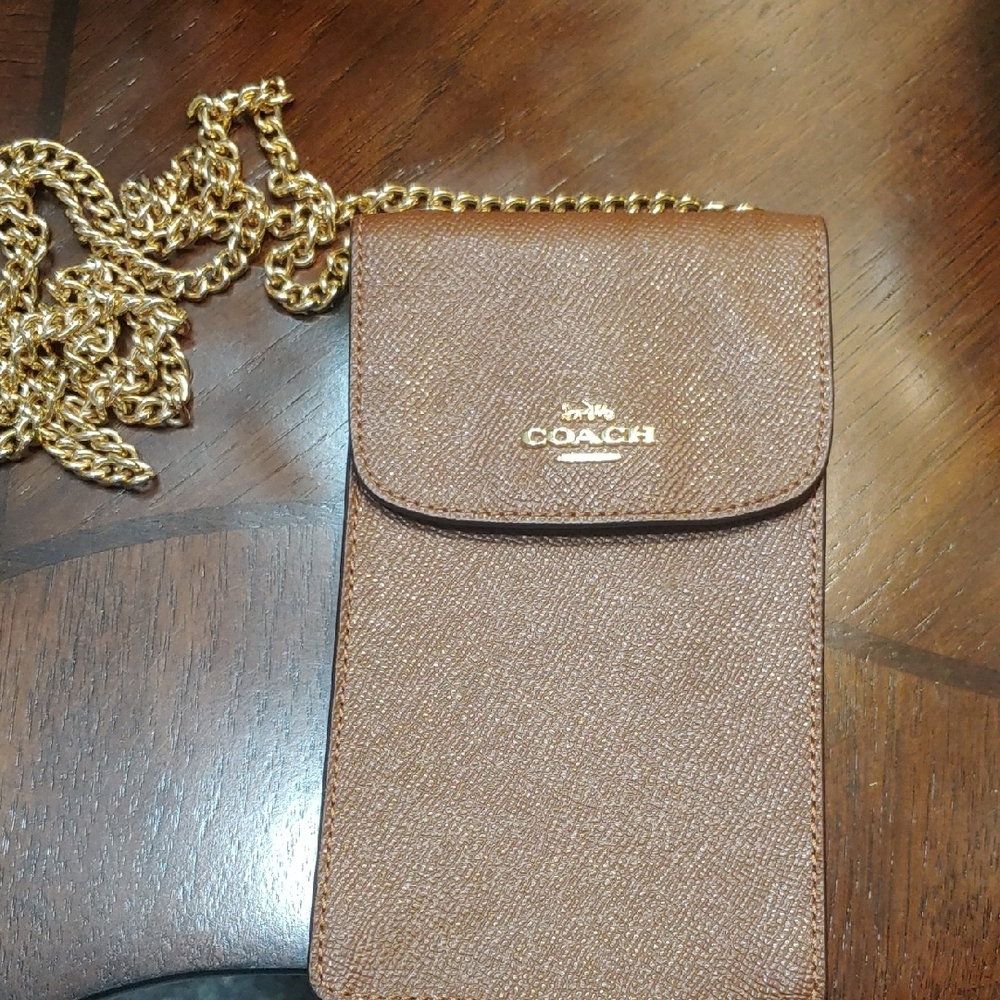 Coach Tan Phone Crossbody with Gold Chain